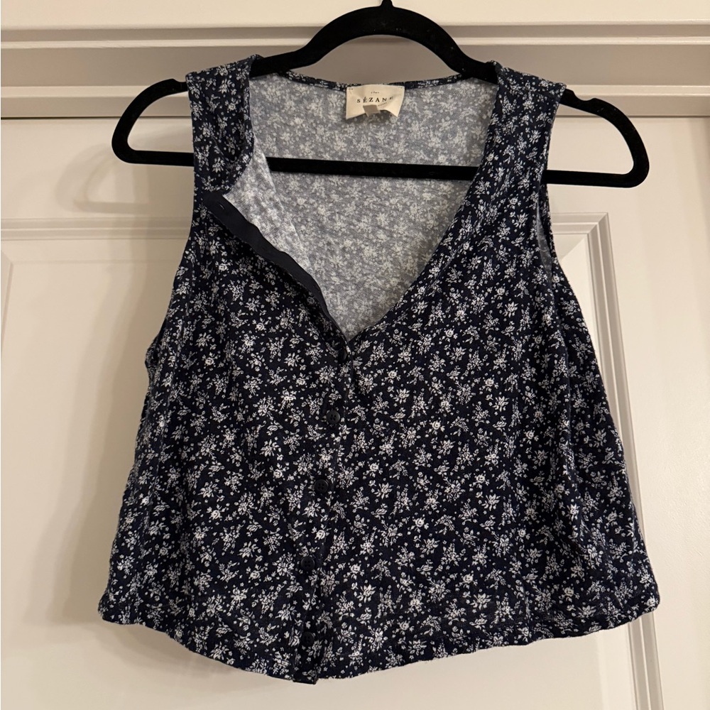 Sezane Navy and White Floral Crop Top